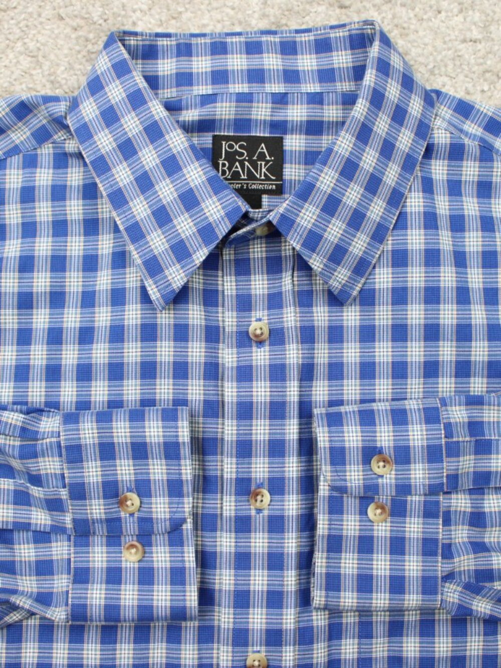 Jos A. Bank Shirt Mens Large Blue/Yellow Check 100% Cotton Long Sleeve Travelers